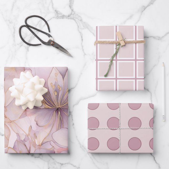 Lila, moderne Abstrakte Lilien Geschenkpapier Set (Vorderseite)