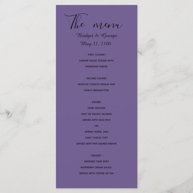 lila moderne Hochzeitsmenüs Menükarte (Vorderseite)