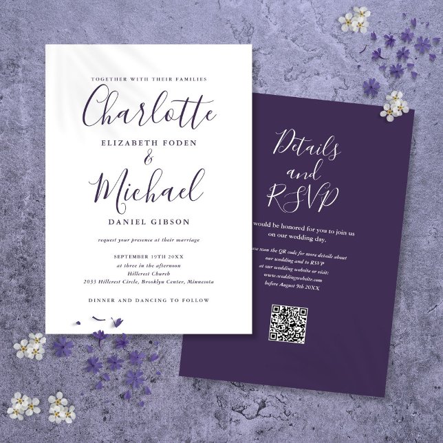 Lila moderne Script QR Code Hochzeit Einladung (Purple Modern Script QR Code Wedding Invitation)