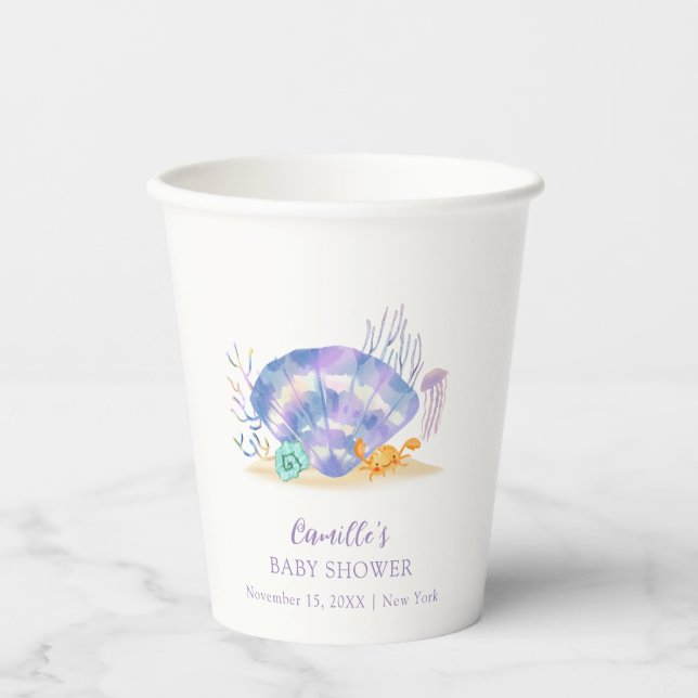 Lila moderne Summer Sea Pearl Girl Babydusche Pappbecher (Vorderseite)