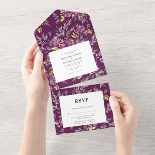 Lila moderne Wasserfarben-Blumen-Hochzeitseinladun All In One Einladung
