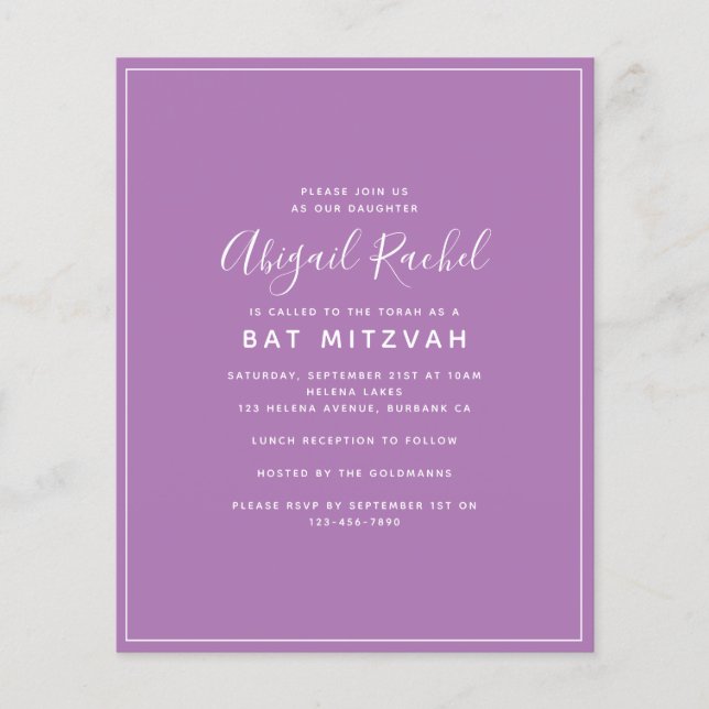 Lila moderner Haushalt Bat Mitzvah Einladung (Vorderseite)