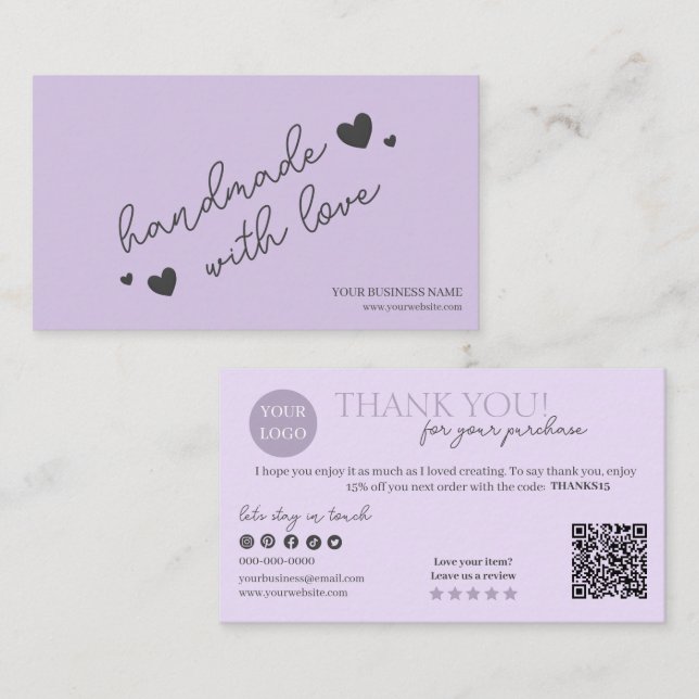 Lila moderner Script QR Code, vielen Dank Visitenkarte (Vorne/Hinten)