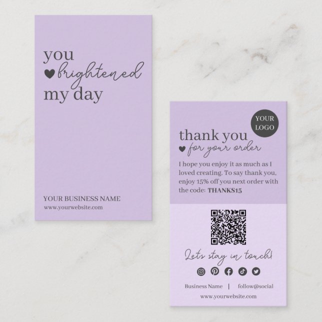 Lila moderner Script QR Code, vielen Dank Visitenkarte (Vorne/Hinten)