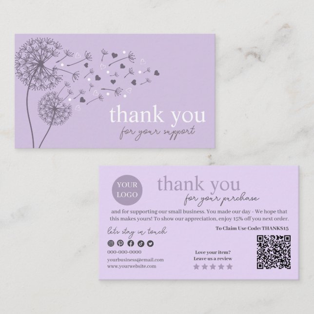 Lila moderner Script QR Code, vielen Dank Visitenkarte (Vorne/Hinten)