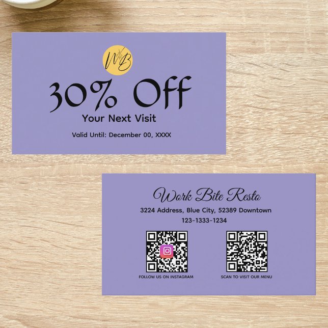 Lila, modernes Restaurant Qr Code Menü und Rabattkarte (Von Creator hochgeladen)