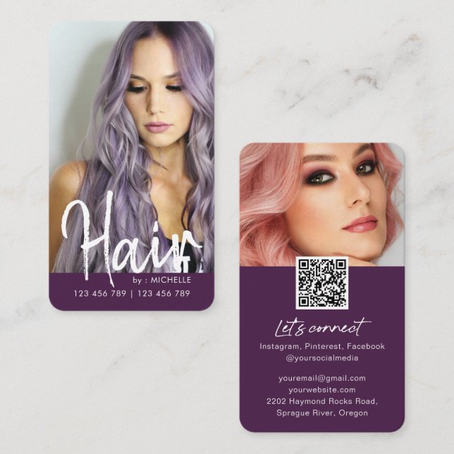 Lila Modernes, schicke Hair Stilvolles QR-Code-Fot Visitenkarte (Vorne/Hinten)