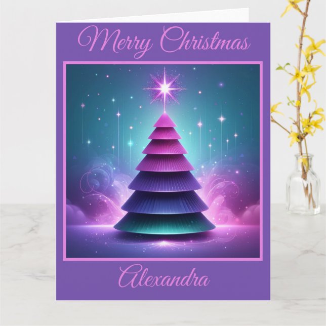 Lila, modernes Weihnachtsbaumdesign Karte (Gelbe Blume)