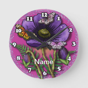 Lila Mohnblume Blume Runde Wanduhr