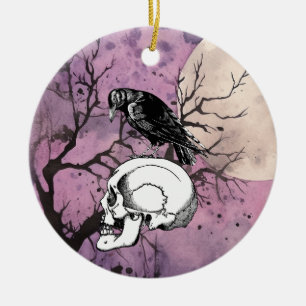 Lila Mond mit Kruge oder Raven und Schädel Keramik Ornament