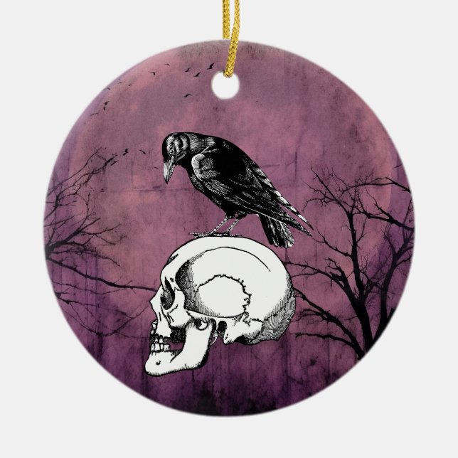 Lila Mond mit Kruge oder Raven und Schädel Keramik Ornament (Vorne)