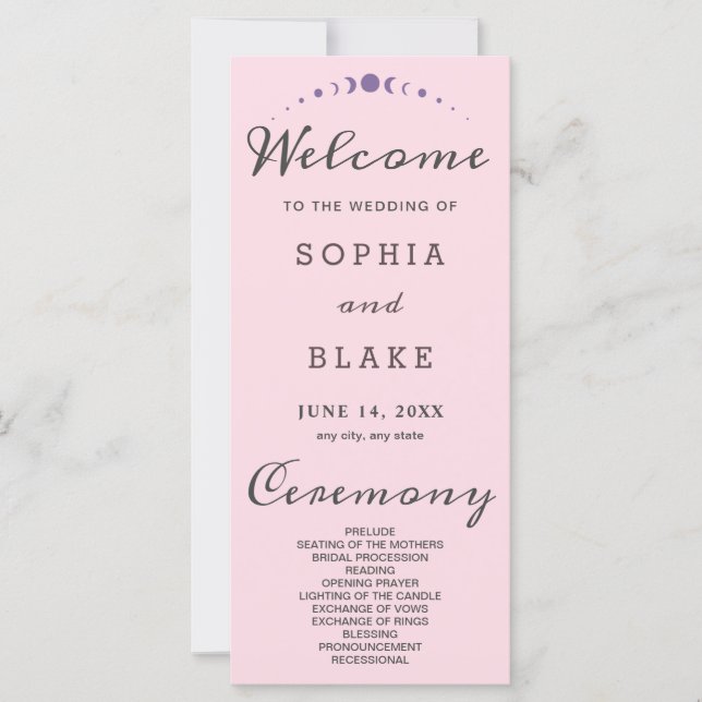 Lila Mondphasen Soft Pink Hochzeitsprogramm (Vorderseite)