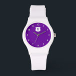 Lila Monografie-Uhr mit kundenspezifischer Erstauf Armbanduhr<br><div class="desc">Lila Monogramm-Uhr mit individueller Ersteinstellung. Passen Sie den modernen Anfangsbuchstaben des Schriftartes im Schildsymbol an,  um ihn zu einem einzigartigen Geschenk zu machen. Schöne Geschenkidee für Frauen am Geburtstag,  Muttertag etc. Farbiges Design mit personalisierbarer Hintergrundfarbe.</div>