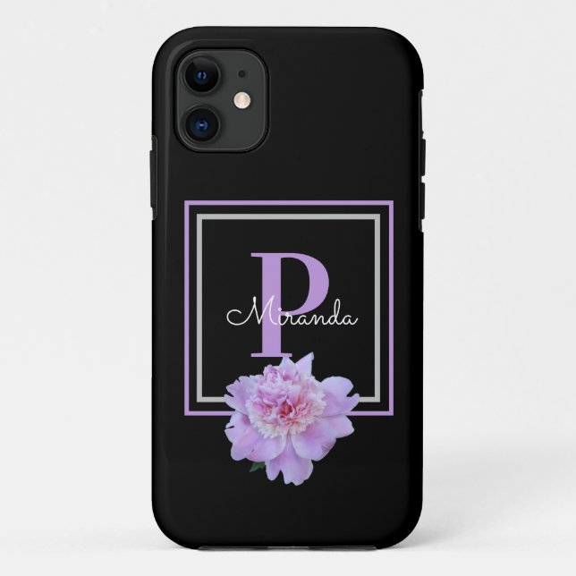Lila Monogram Pink Peony Blume Black Case-Mate iPhone Hülle (Rückseite)