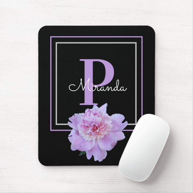 Lila Monogram Pink Peony Blume Black Mousepad (Mit Mouse)
