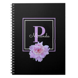 Lila Monogram Pink Peony Blume Black Notizblock