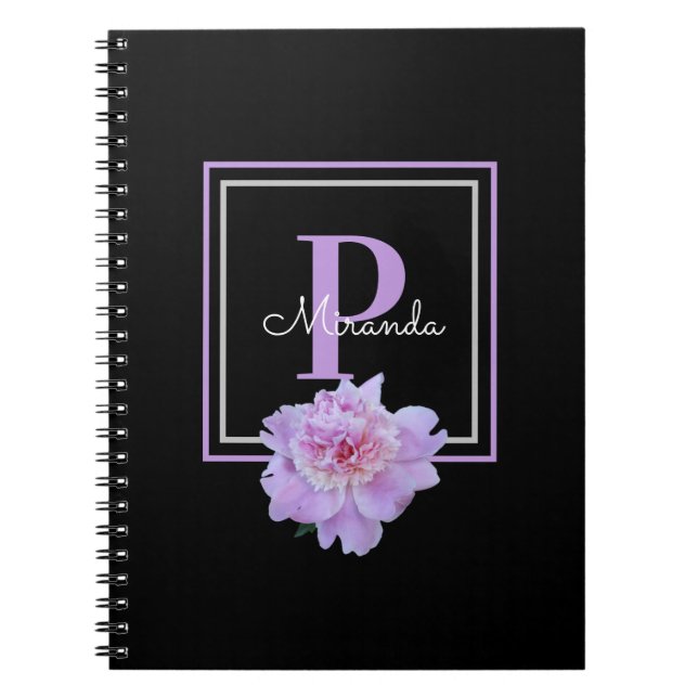 Lila Monogram Pink Peony Blume Black Notizblock (Vorderseite)
