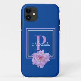 Lila Monogram Pink Peony Blumen Blue Case-Mate iPhone Hülle