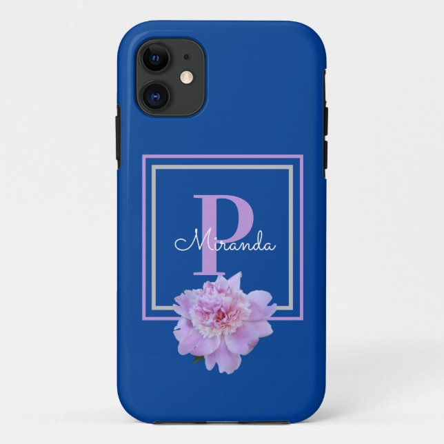 Lila Monogram Pink Peony Blumen Blue Case-Mate iPhone Hülle (Rückseite)