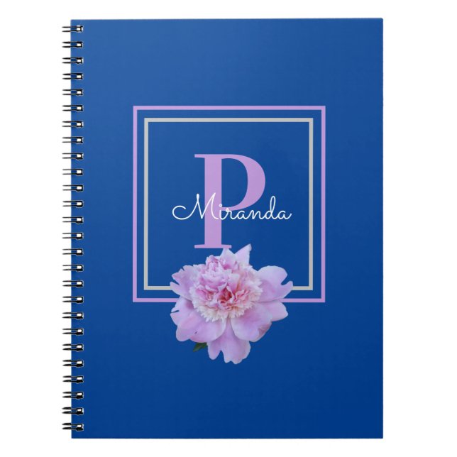 Lila Monogram Pink Peony Blumen Blue Notizblock (Vorderseite)