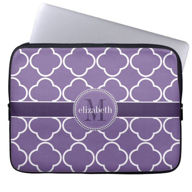 Lila | Monogram, White Quatrefoil Closed Laptopschutzhülle (Vorderseite)