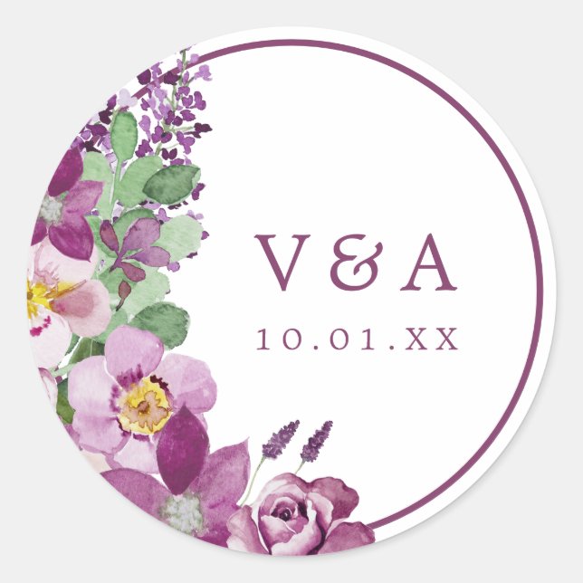 Lila Monogramm-Hochzeitsticker Runder Aufkleber (Vorderseite)