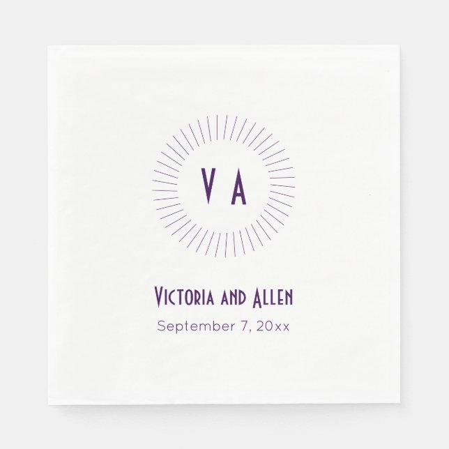 Lila Monogramm mit Name und Datum Hochzeit Serviette (Vorderseite)