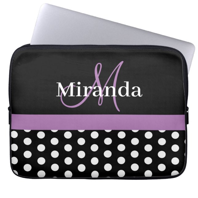 Lila Monogramm Schwarz-weißer Polka-Dot Laptopschutzhülle (Vorderseite)