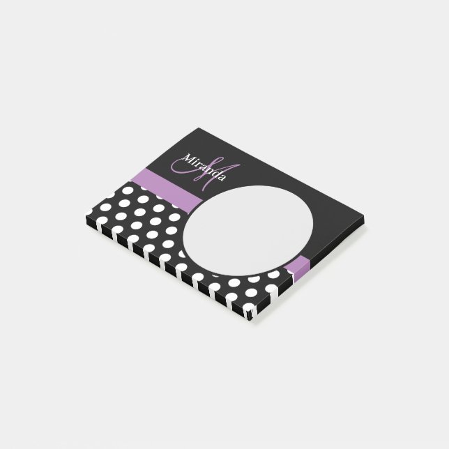 Lila Monogramm Schwarz-weißer Polka-Dot Post-it Klebezettel (angewinkelt)