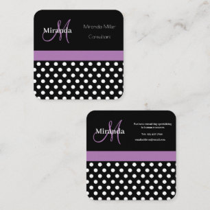 Lila Monogramm Schwarz-weißer Polka-Dot Quadratische Visitenkarte