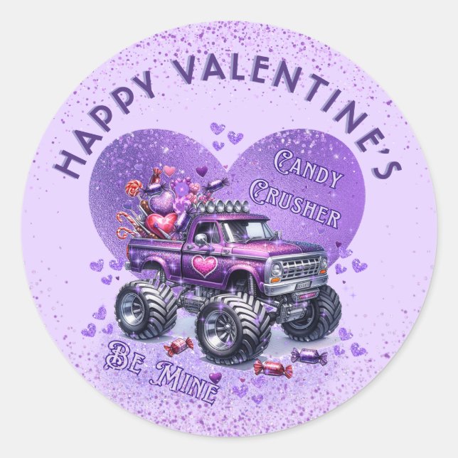 Lila Monster Truck Candy Crusher Be Mine Runder Aufkleber (Vorderseite)