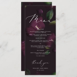 Lila Moody Blooms Kalligrafie Hochzeitessen Menükarte