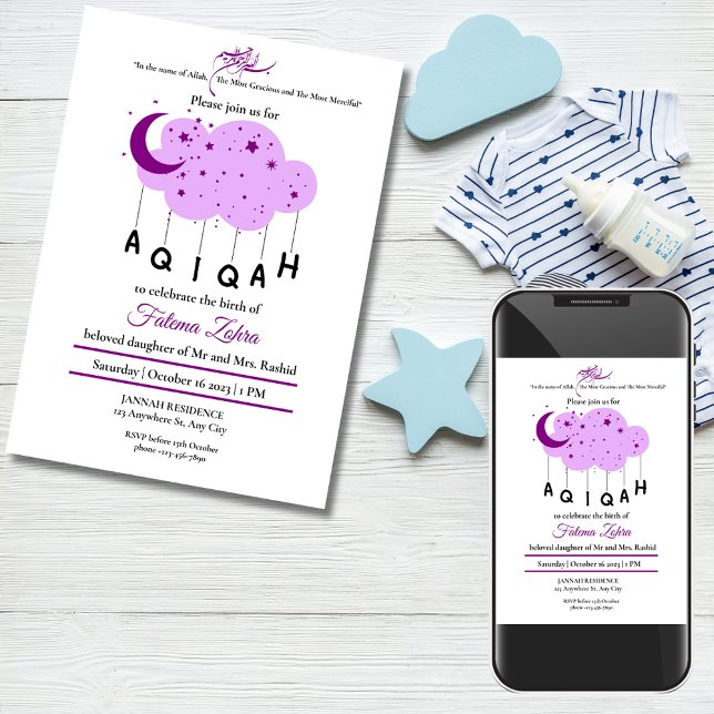 Lila Moon Cloud Star Baby Girl Muslim Aqiqah Einladung (Purple Moon Cloud Star Baby Girl Muslim Aqiqah Invitation)