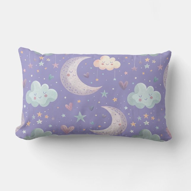 Lila Moon & Clouds Lumbar Kissen (Vorderseite)
