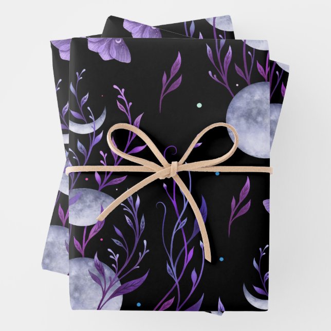 Lila Moon- und Moth-Wrapping-Papierblätter Geschenkpapier Set (Beispiel)