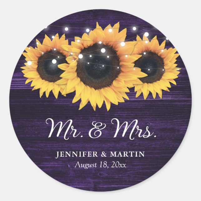 Lila Mr. and Mrs Sunflower Wedding Stickers (Vorderseite)