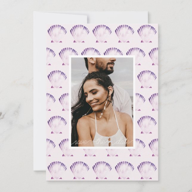 Lila Muschel Wasserfarbe Foto & QR Save The Date (Vorderseite)