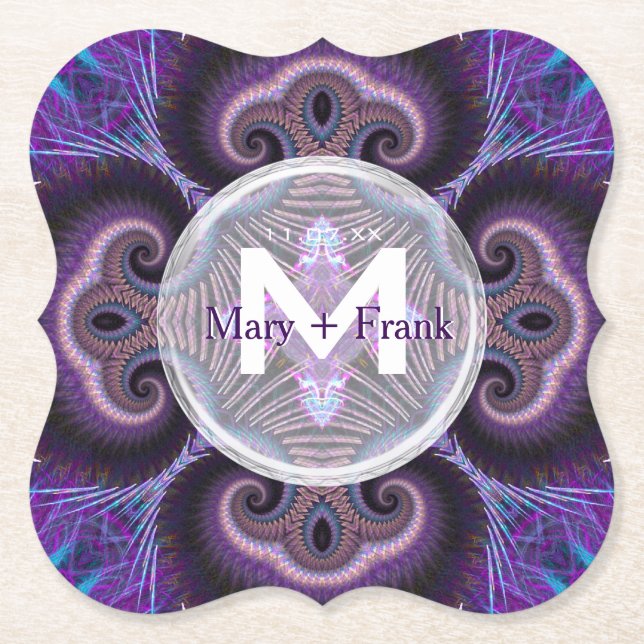 Lila Mushroom Mandala Fraktals Monogram Untersetzer (Vorderseite)