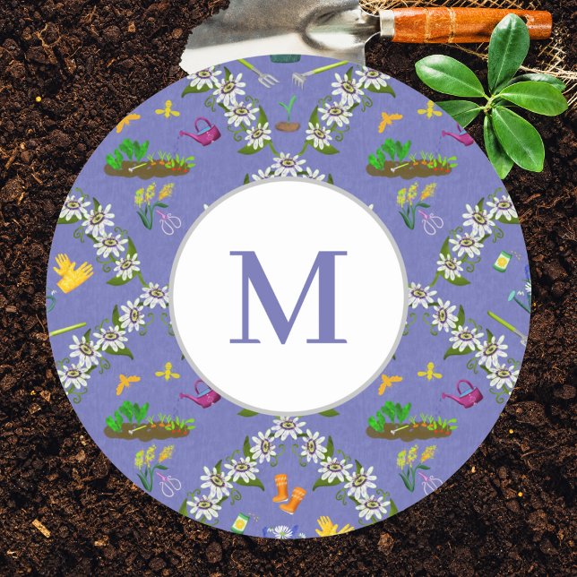 Lila Muster der Monogramm-Gartenmatte Runder Aufkleber (Von Creator hochgeladen)