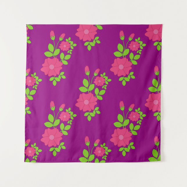 Lila nahtloses Muster mit rosa Blume und Gree Wandteppich (Vorderseite)