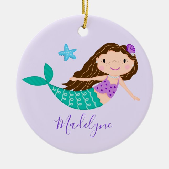 Lila Name der Mermaid-Weihnachtsschrift Keramik Ornament (Vorne)