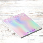 Lila Name des holografischen rosa Glitzer Notizblock<br><div class="desc">Rosa,  lila,  minzgrün,  holografischer Hintergrund. Der Glitzer ist mit rosa Imitaten dekoriert. Der Name wird mit einem modernen handgeschriebenen Stilskript mit Swashes geschrieben. Um die Swashes behalten,  löschen Sie nur den Beispielnamen,  verlass die Leerzeichen oder Emoji's vor und nach dem Namen.</div>