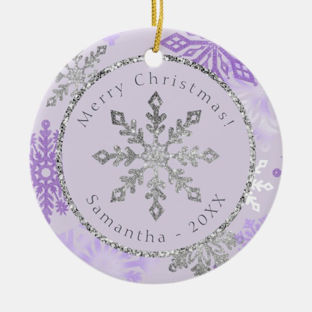 Lila Name Snowflake Personalisiert Keramik Ornament (Vorne)