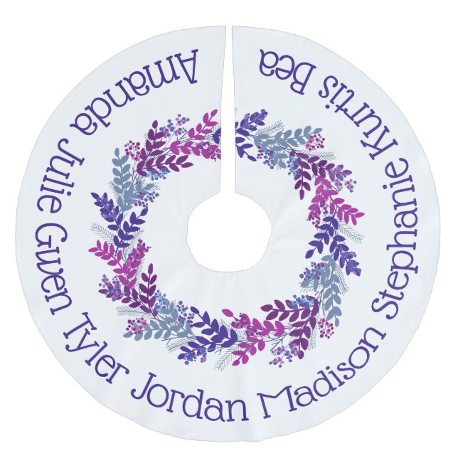 Lila Namen der Weihnachtskranzfamilie Polyester Weihnachtsbaumdecke (Vorderseite)