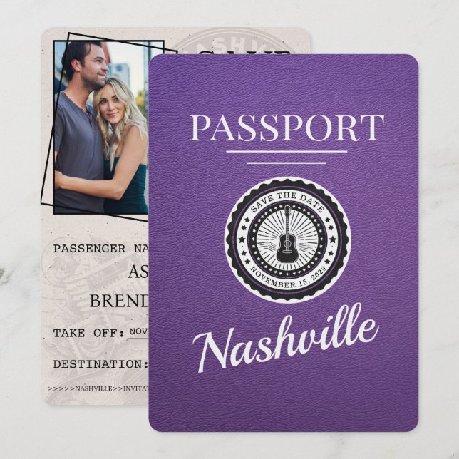 Lila Nashville Passport Save the Date (Vorne/Hinten)
