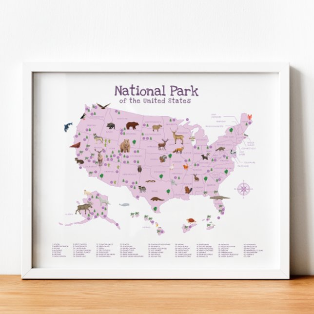 Lila Nationalpark Karte Wald-Kinderzimmer Print Poster (Purple National Park Map Woodland Nursery Print)