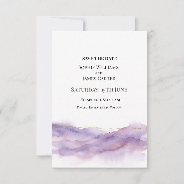Lila-Nebel-Hochzeit Save The Date (Vorderseite)