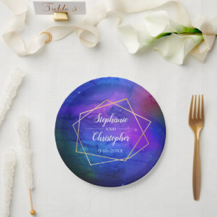 Lila Nebula Celestial Art Geometric Gold Wedding Pappteller