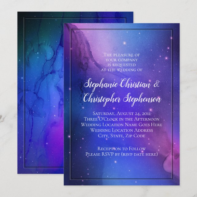 Lila Nebula Celestial Art Weltraum Hochzeit Einladung (Vorne/Hinten)