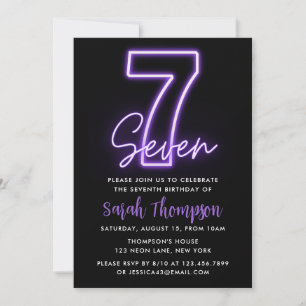 Lila Neon 7. Geburtstag Einladung